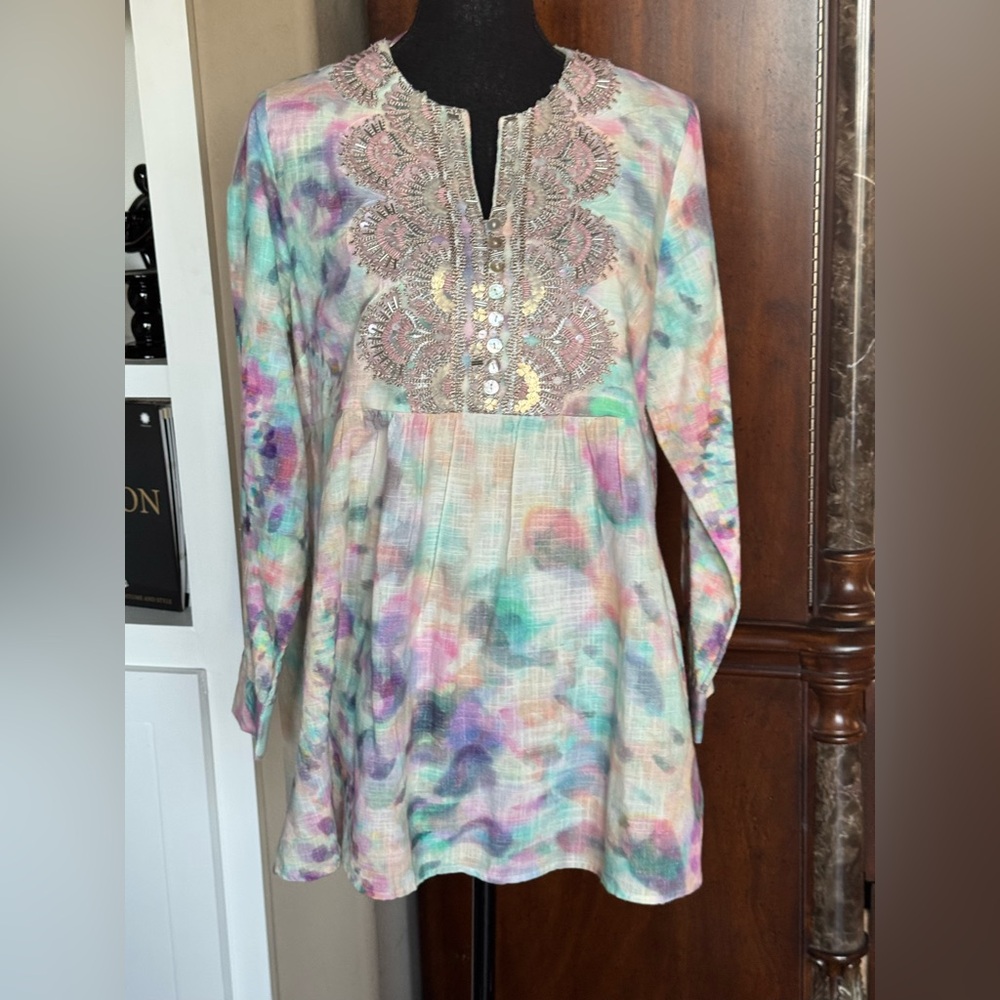 Soft Surroundings Pastel Tie Dye Beaded Tunic‎ Top - Picture 2 of 15